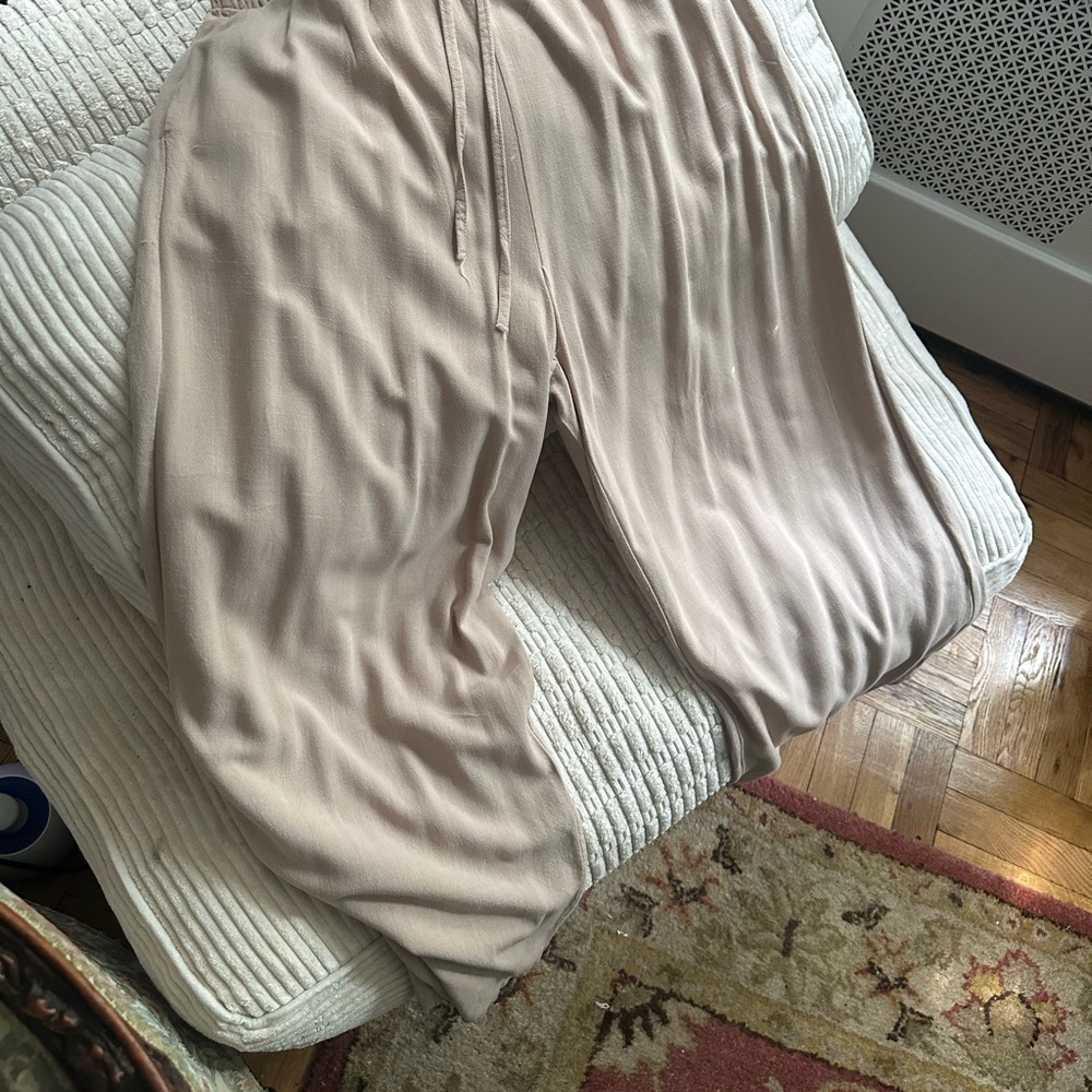 Neutral Beige Relaxed Drawstring linen wide leg Pants  XL